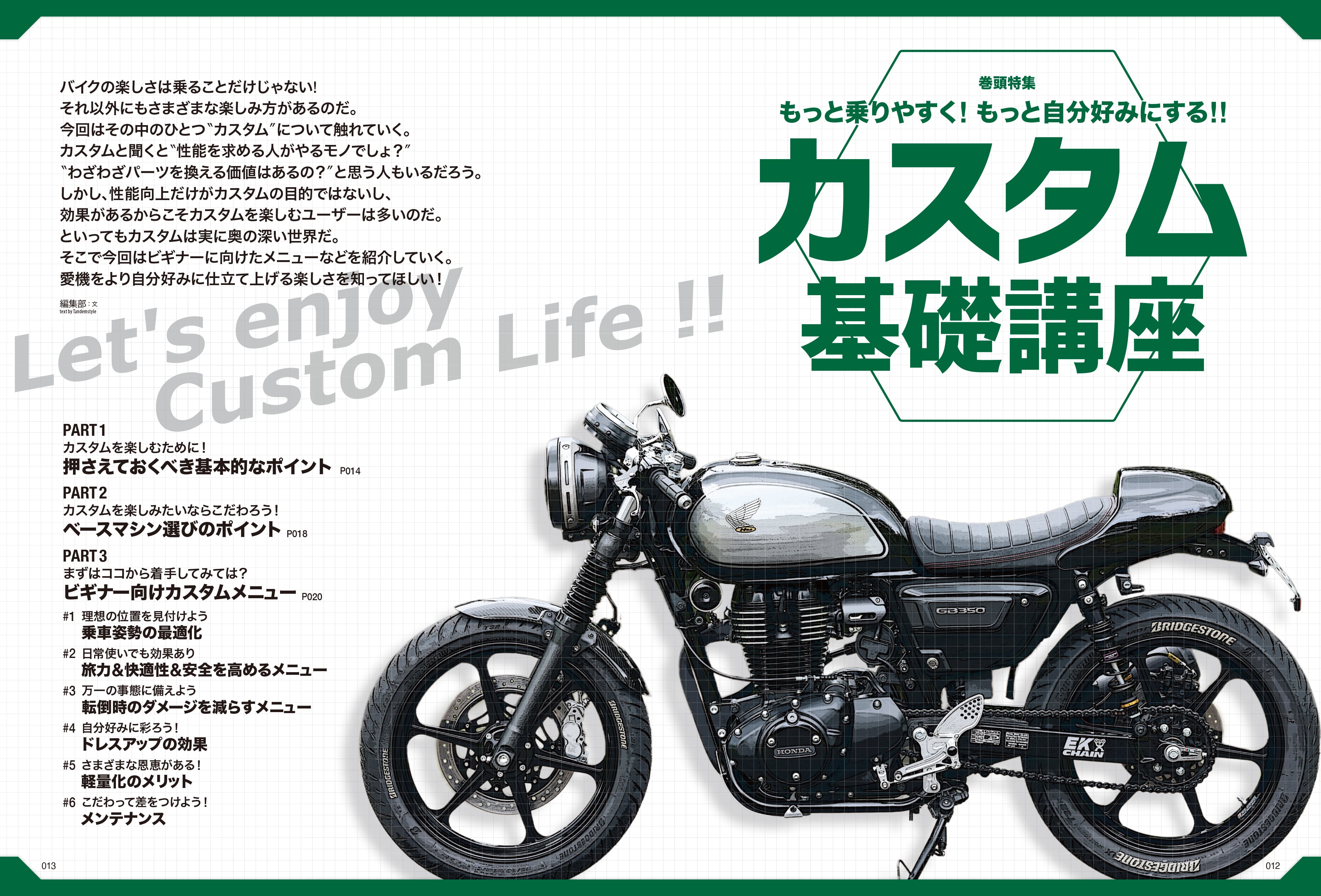 タンデムスタイル 2023年10月号 Vol.257「もっと乗りやすく!もっと自分好みに!!カスタム基礎講座」(2023/8/23発売)